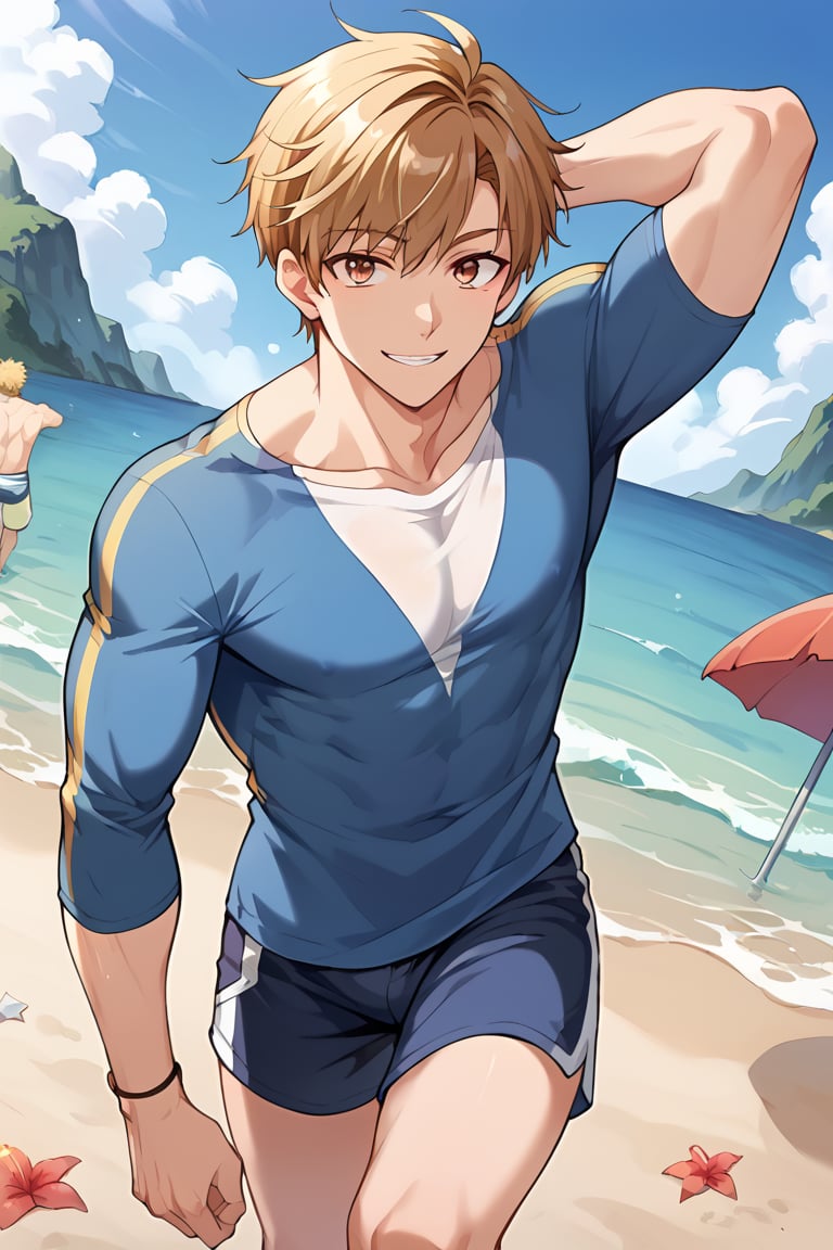 score_9, score_8_up, score_7_up, score_6_up, score_5_up, score_4_up, source_anime, luke_pearce , BREAK, 1boy, ,male focus, blonde hair, hazel eyes, looking at viewer, smile,,   ,brown hair, short hair, 
,Beach shorts, shore
, big_muscle