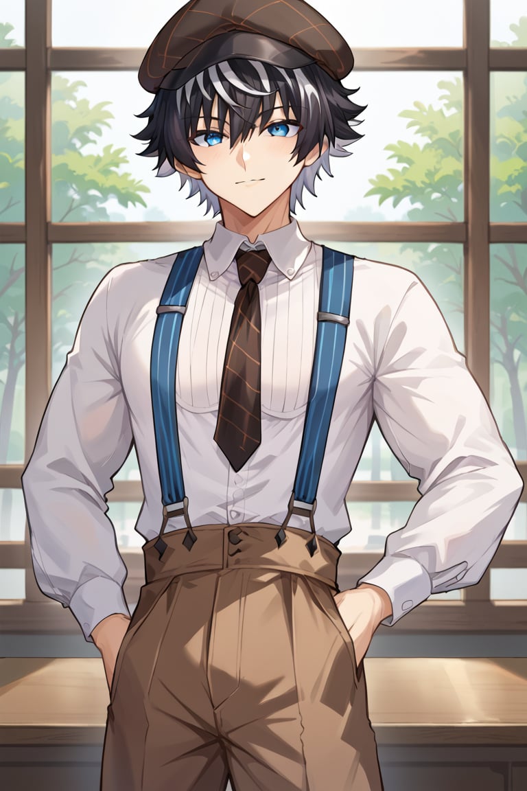 source_anime, BREAK, 1boy, male focus, charlemagne, multicolored hair, two-tone hair, black hair, blue eyes, disguise costume, hat, suspenders, necktie, brown pants, looking at viewer, naked_shirt