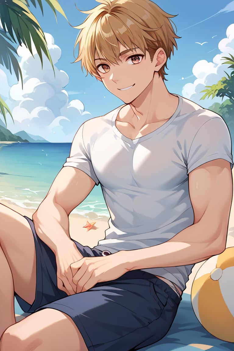 score_9, score_8_up, score_7_up, score_6_up, score_5_up, score_4_up, source_anime, luke_pearce , BREAK, 1boy, ,male focus, blonde hair, hazel eyes, looking at viewer, smile,,   ,brown hair, short hair, 
,Beach shorts, shore
, 