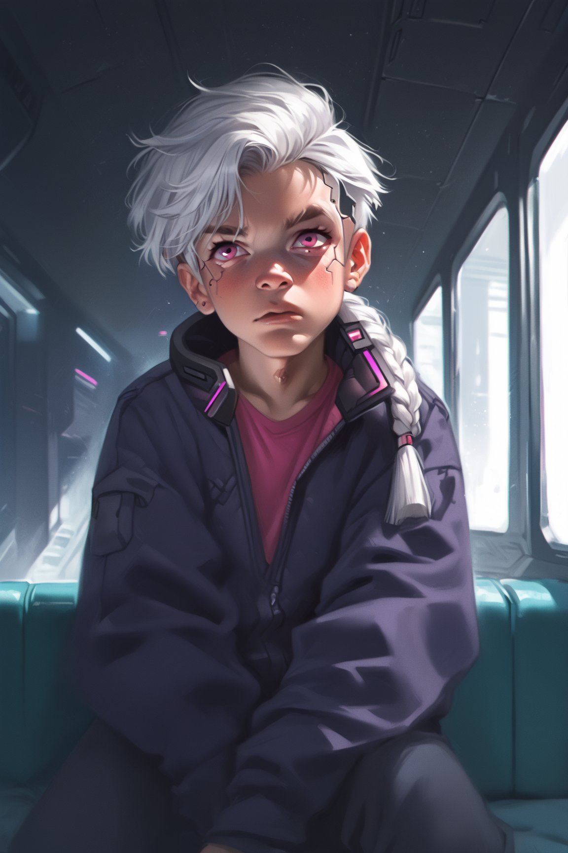 xcartoonpinkx, xsabux, p4l0m4, Expressiveh, tsp13s, score_9, score_8_up, score_7_up, rating_safe, cel-shading, indoors, cyberpunk_setting, dynamic_pose, 1boy, solo, (young, child: 1.4), low-braided_very_long hair, white hair, pink eyes, mechanical_joints, cyberpunk_clothing