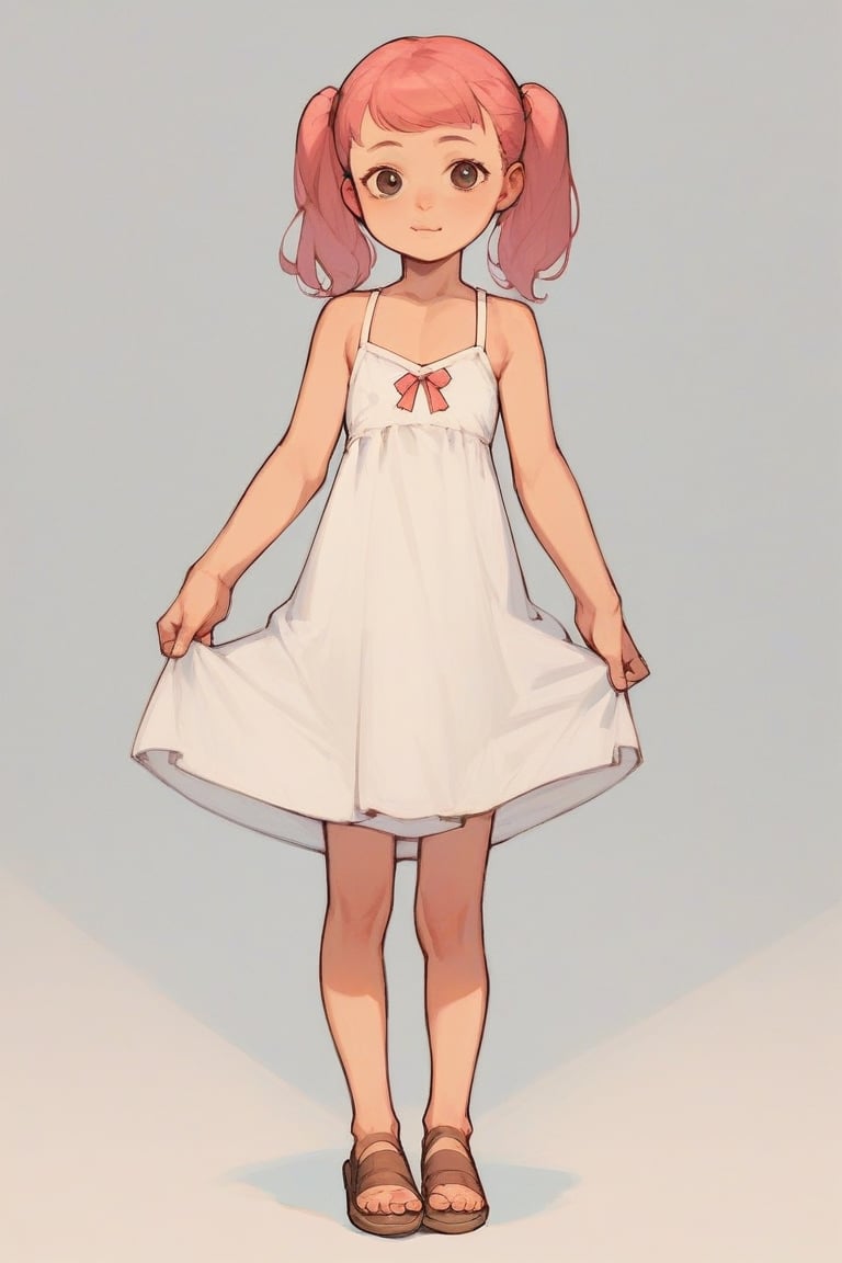 score_9, score_8_up, score_7_up, full body, 1girl, (((child))), flat chest, petite body, cute face, pink hair, twintails, sundress, sandals, white background, CDrip