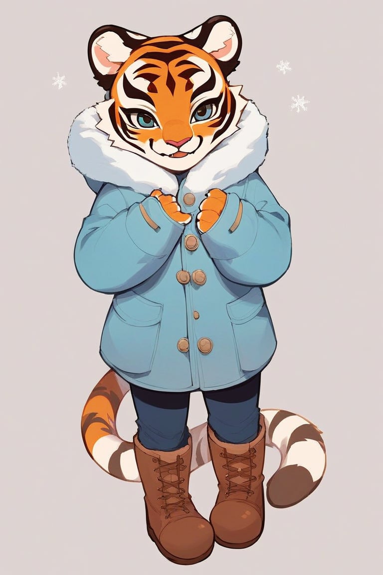 score_9, score_8_up, score_7_up, rating_safe, full body, solo, 1girl, source_furry, anthro, child, cub, snow tigress, flat chest, petite body, cute face, winter coat, boots, white background, CDrip