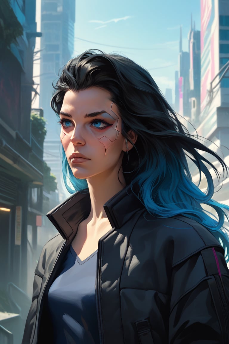 classcompxl, xsabux, in j_chung artstyle, score_9, score_8_up, score_7_up, rating_safe, outdoors, cyberpunk_setting, girl in a cyberpunk city, 1girl, solo, black hair, blue Hair, gradient hair, long hair, asymmetrical hair, blue eyes,