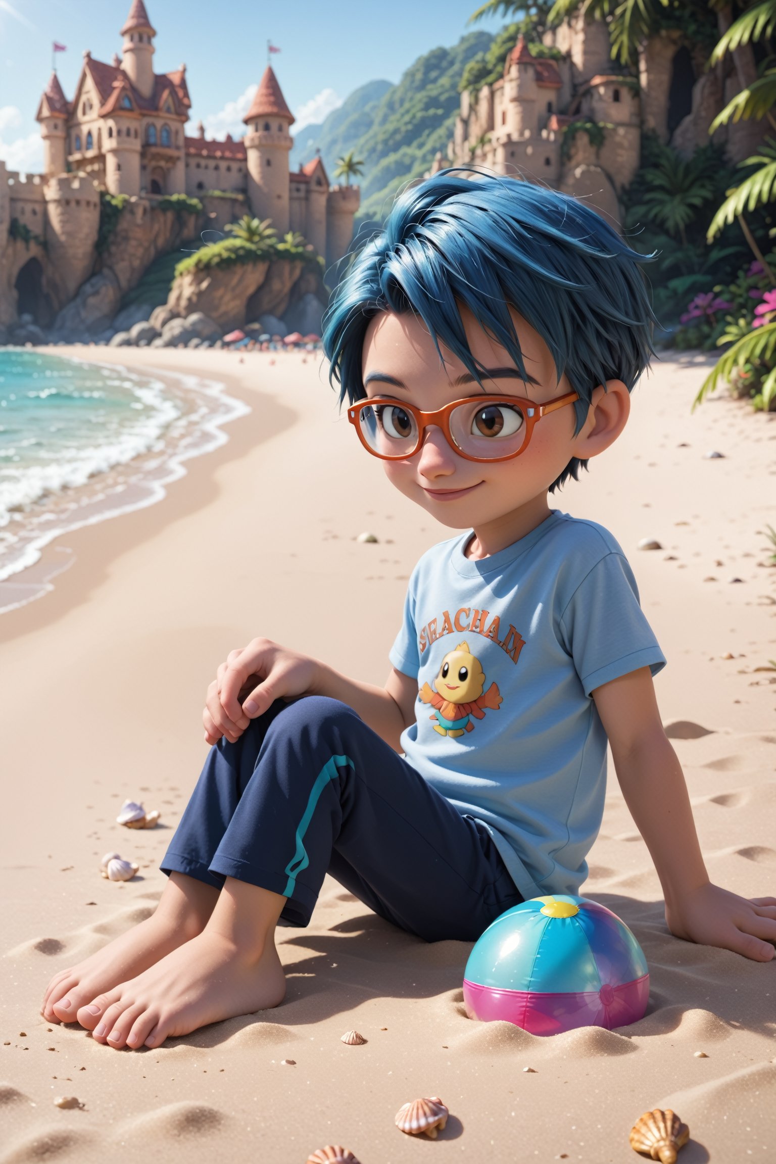 score_9, score_8_up, score_7_up, rating_questionable, outside, disney pixar style, solo, (young, child:1.4), digimon, 1boy, jo, brown eyes, blue hair, glasses,dynamic lighting, expressive, reclining, model pose, full body, fashion shot, playful, giggling, shy, smile, beachball, swimring, seashell, shells, sand castle,