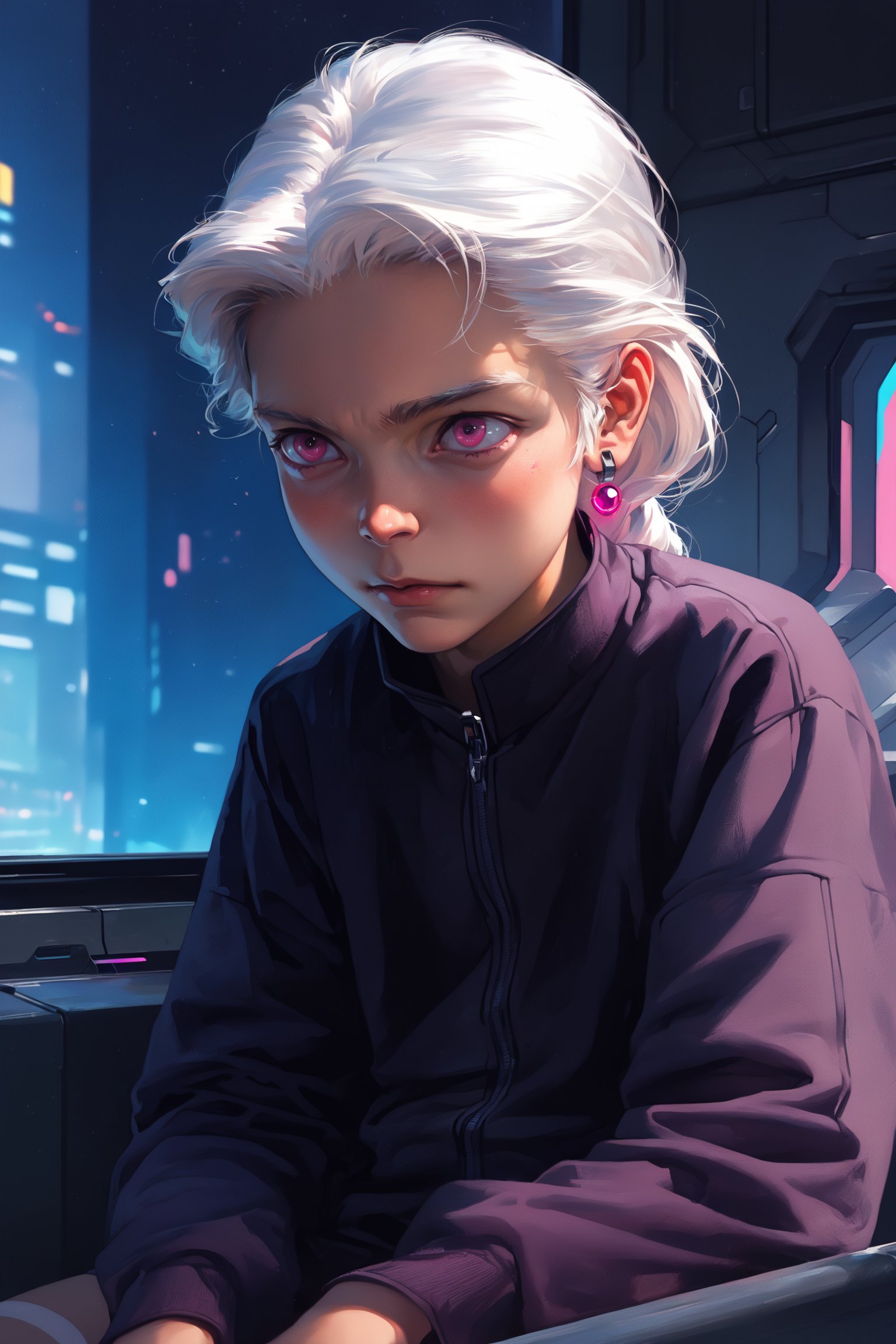 classcompxl, xsabux, in j_chung artstyle, score_9, score_8_up, score_7_up, vibrant color, comic, rating_safe, indoors, cyberpunk_setting, dynamic_pose, 1boy, solo, (young, child: 1.4), eye-shadow, earrings, low braided hair, long braid, white hair, pink eyes, mechanical_joints, thighhighs,