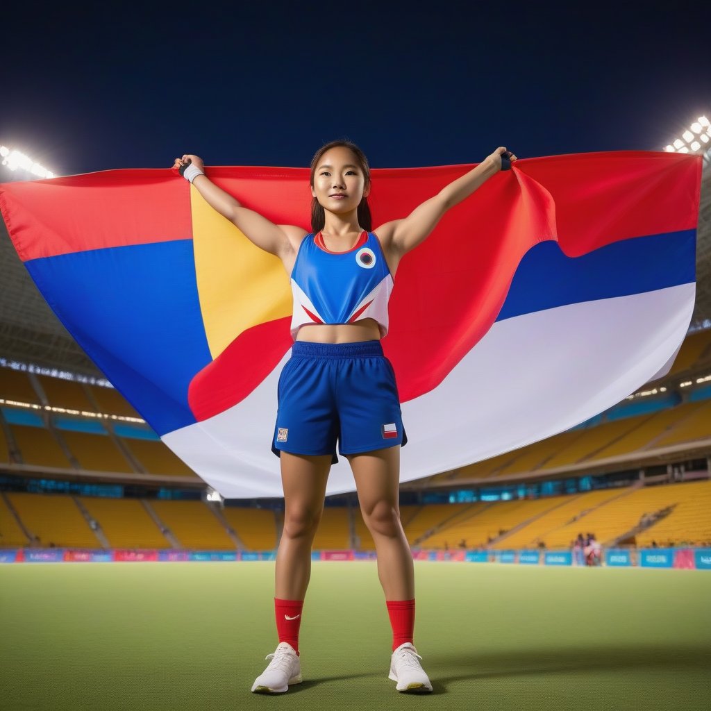 Triumphant Filipina-Korean tween athlete wearing a detailed sports uniform stands confidently in the grandeur of a lit-up stadium, surrounded by the vibrant colors of the flag of the Philippines majestically draping behind her. Strong lighting casts a warm glow on her sweat-drenched skin as she lifts weights, framed by the imposing architecture of the stadium's structure. Her triumphant gaze and confident posture radiate determination and excellence.