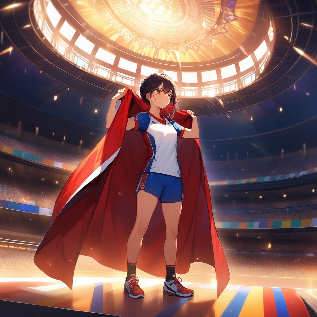 Triumphant Filipina-Korean tween athlete wearing a detailed sports uniform stands confidently in the grandeur of a lit-up stadium, surrounded by the vibrant colors of the flag of the Philippines majestically draping behind her. Strong lighting casts a warm glow on her sweat-drenched skin as she lifts weights, framed by the imposing architecture of the stadium's structure. Her triumphant gaze and confident posture radiate determination and excellence.