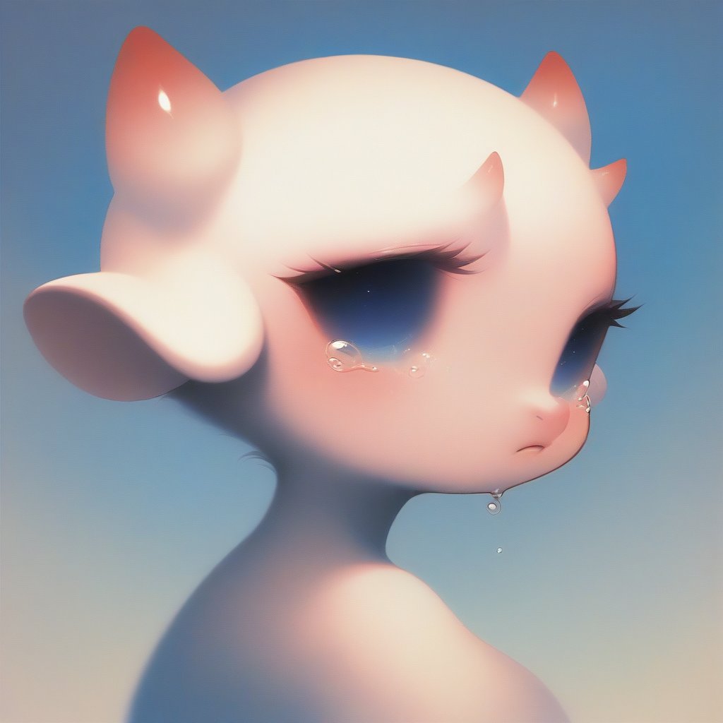 score_9, score_8_up, score_7_upl, gloomybabe, solo, white creature, white small horns, pink and blue colors, gradient background, portrait, tears