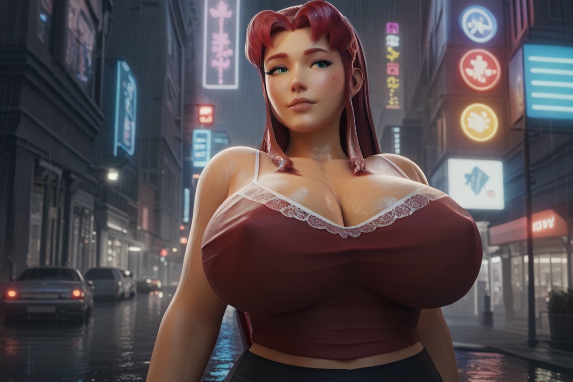 sscore_9, score_8_up, score_7_up, high quality, standing, line art, 3d style, (((upper body))), large breats, (red camisole:1.2), (black pants:1.2), wet clothes, (((massive woman))), look viewer, long hair, red hair, city rain, perfect anatomy, starfire