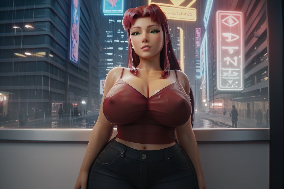 sscore_9, score_8_up, score_7_up, high quality, standing, line art, 3d style, (((upper body))), large breats, (red camisole:1.2), (black pants:1.2), wet clothes, (((massive woman))), look viewer, long hair, red hair, city rain, perfect anatomy, starfire