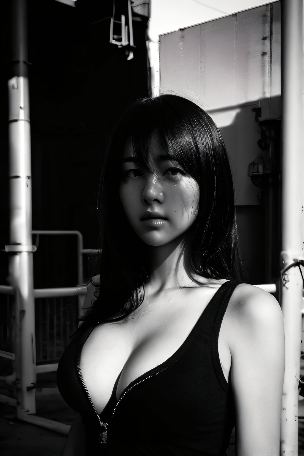 realistic,oraku-b-w,grayscale,portrait,sunset,shadow,japaness,sexy,girl,cyber suit,messy hair,light,outdoor,detailed,real skin,lightshapes,anime,masterpiece,korean girls,cleavage,in space suit,interior,Futuristic room,dark,monochrome,