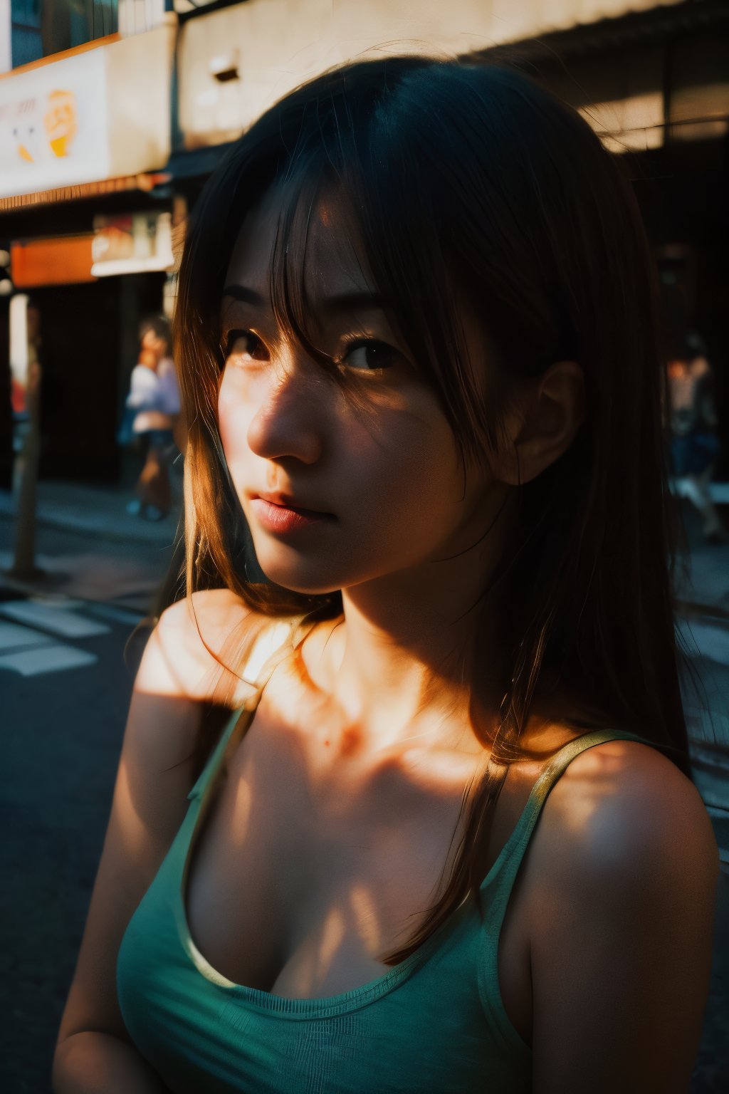 realistic,portrait,sunlight,shadow,japaness,sexy,girl,messy hair,light,outdoor,detailed,real skin,lightshapes,anime,masterpiece