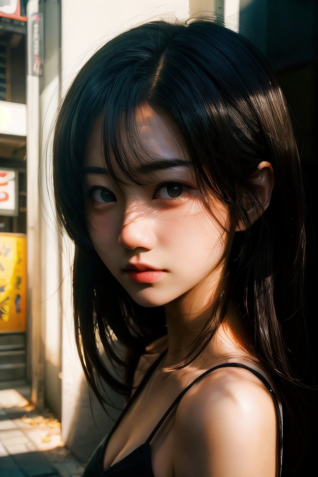 realistic,portrait,sunlight,shadow,japaness,sexy,girl,messy hair,light,outdoor,detailed,real skin,lightshapes,anime,masterpiece,korean girls
