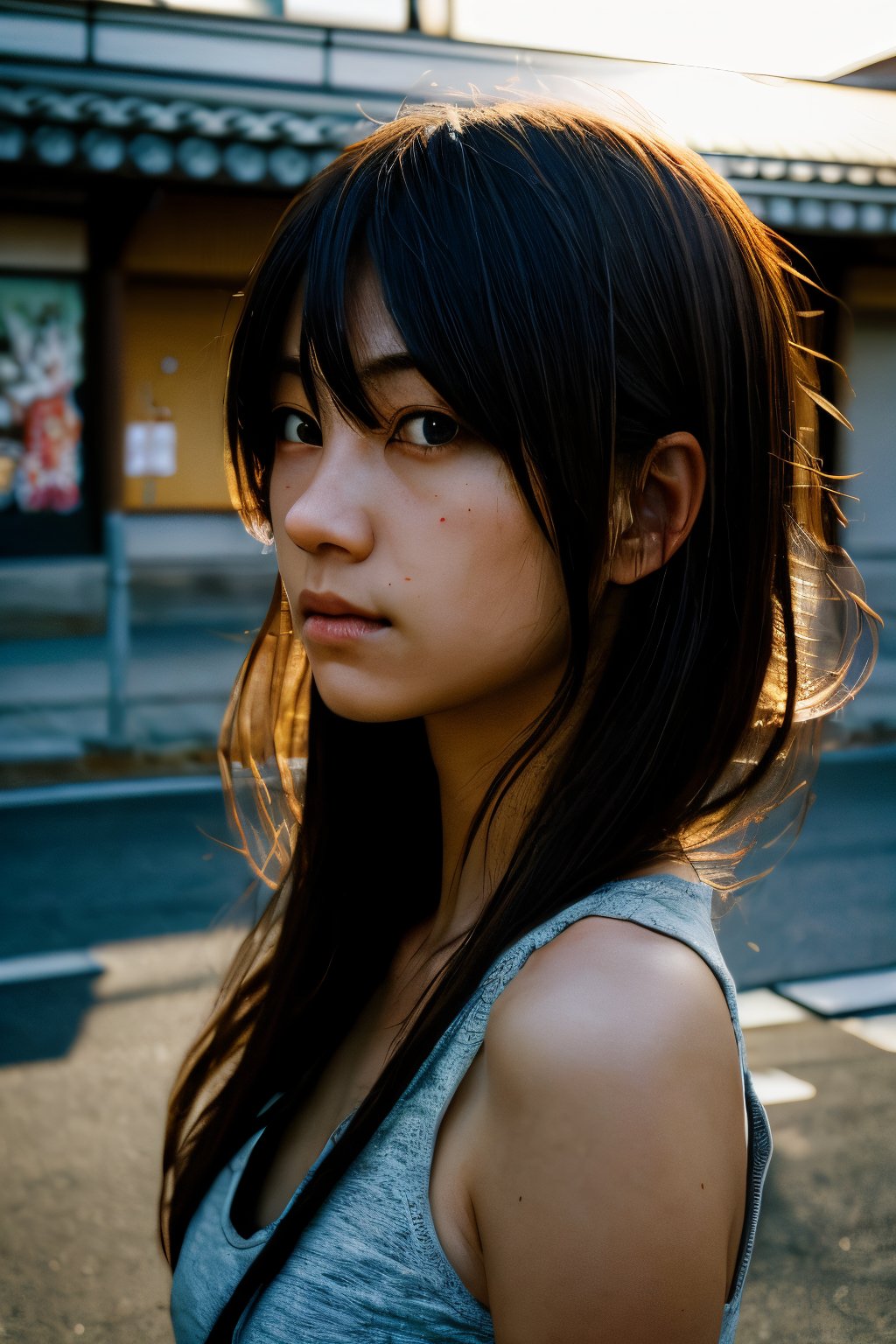 realistic,portrait,sunlight,shadow,japaness,sexy,girl,messy hair,light,outdoor,detailed,real skin,lightshapes,anime,masterpiece