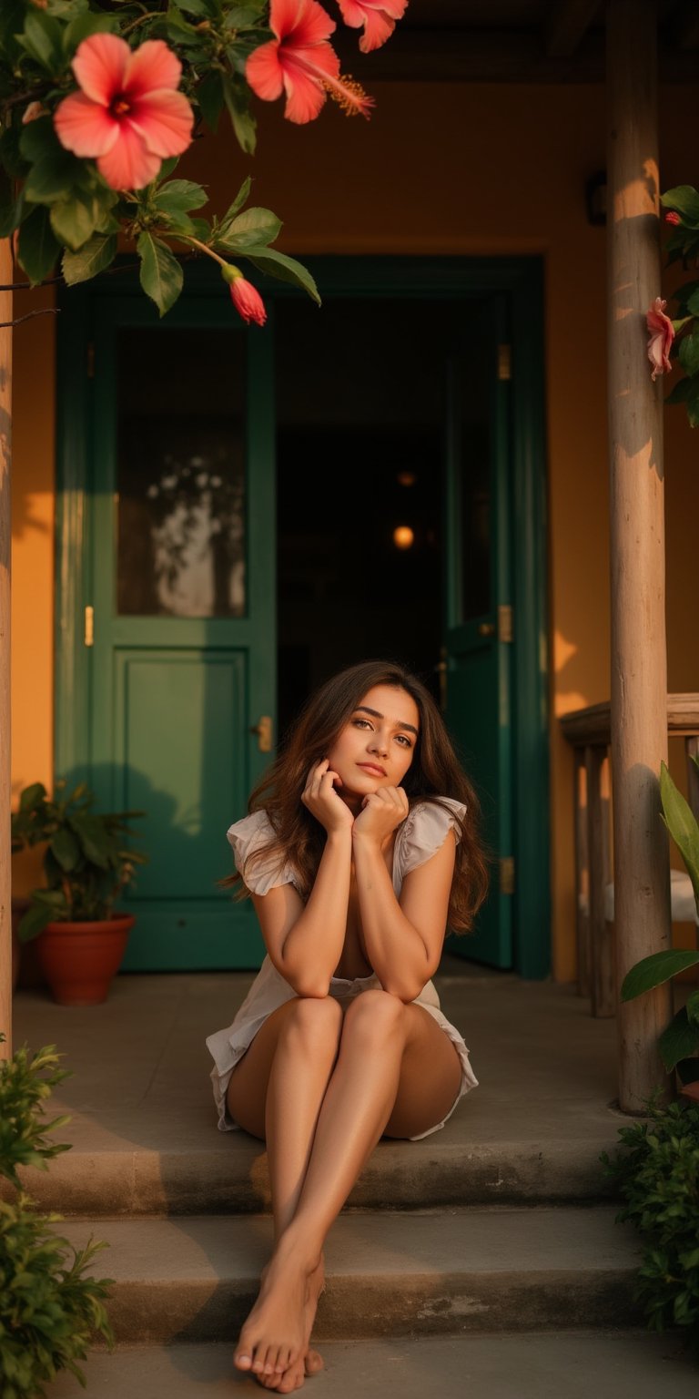 Generate an image of a woman sitting on the front steps of a traditional countryside house, surrounded by lush greenery and blooming hibiscus flowers. She’s wearing a short, casual dress, her legs crossed as she leans back on her hands, enjoying the quiet atmosphere of the late afternoon. A soft breeze blows through her hair, and the golden sunlight highlights the rustic details of the house and the natural beauty around her. The scene should feel warm, welcoming, and filled with the charm of rural life, capturing a moment of peaceful simplicity