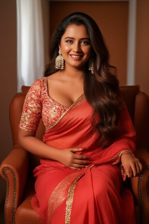 A beautiful Indian 20year old age actress wear Onam saree and sitting on the chairs in the room, big bosom, smile, eye liner, neckless, 