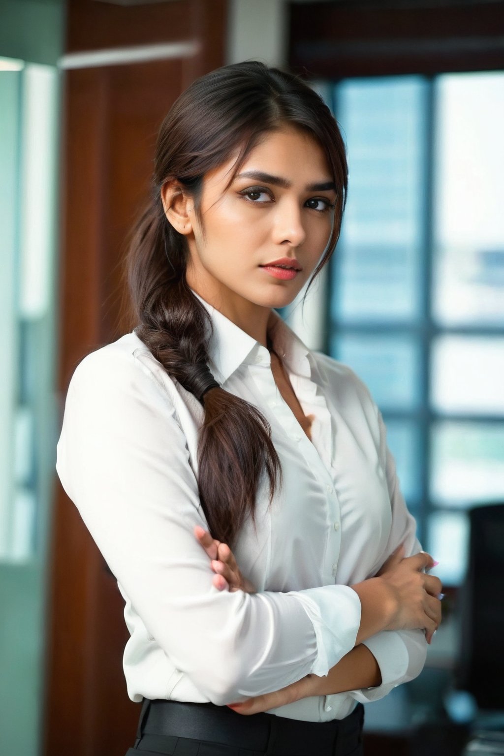 Pony tail, indian girl, office_lady, white shirt and black pant. Office room. Sexy pose 