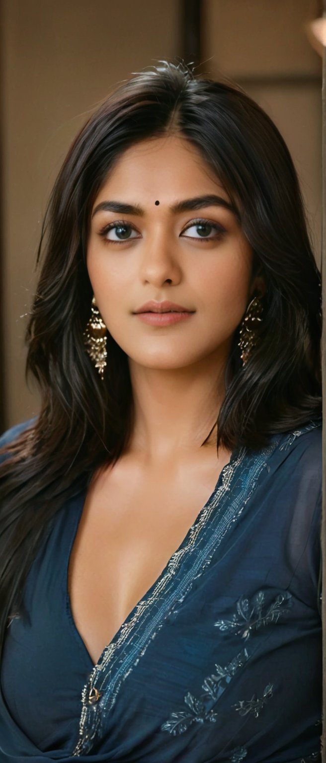 A stunningly realistic portrait of a sultry Indian beauty. The shot is a close-up, framing Mrunal Thakur's captivating face and seductive features. Her Indian blue kurti hugs her curves, paired with sleek black palazzo pants that accentuate her toned legs. Her moment eyes sparkle with a hint of mischief, while her lustful face exudes confidence and sensuality. The realism is uncanny, capturing every detail from the subtle curves of her sexy Indian girl bosom to the delicate contours of her features in an in depth portrayal that's nothing short of breathtakingly photorealistic.