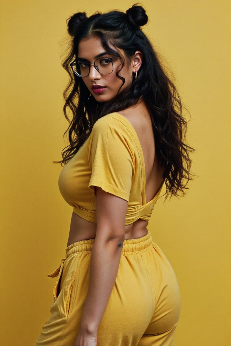 Mallu, 1girl, 32yo, solo, twin tail ponytail, two bun , long hair, looking at viewer, black open hair, yellow, short trouser, morden dress, upper body, navel, , earrings, eye glasses, black eyes, lips, hoop earrings, realistic,mallu,  