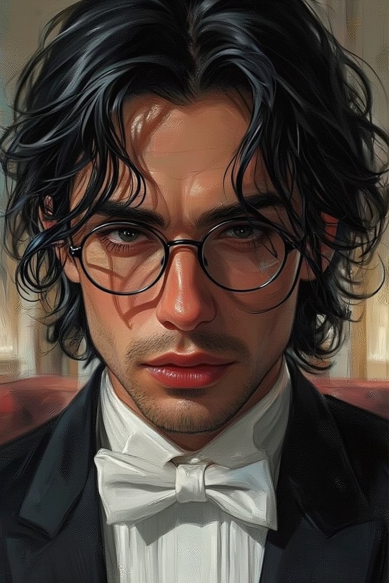 A handsome Italian man who's a bulter wearing a black suit, white bow tie and thin framed glasses, he's tall, sharp black eyes, and has a toned physique, he has olive skin tone, a professional and mysterious vibe, 25 years old, wavy black hair in a slick back hairstyle, sharp black eyes, hair resting over his shoulder, neutral facial expression, mole below his lips, front view, close up, looking_at_viewer, masterpiece, luxury modern living room background, highest-quality, high_resolution, intricate details, headshot, mysterious vibe, semi-realistic digital painting,FluxBoost,FLUX comics style