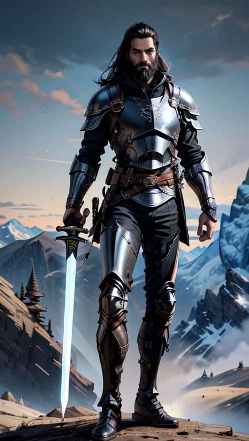 ,Highly detailed
,High Quality
,Masterpiece
,illustration
,Man_Paladin
,clothing_full_armor
,background_high_mountain
,kite_shield
,Black_hair_beard
,detailed_face
,detailed_hand
,detailed_finger
,long_sword
,holding sword
,full_body_portrait
,full_body
,bdo_warrior
,blackeyeglow