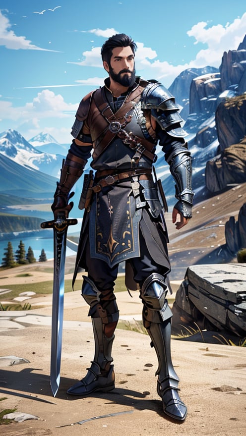 ,Highly detailed
,High Quality
,Masterpiece
,illustration
,Man_Paladin
,clothing_full_armor
,background_high_mountain
,kite_shield
,Black_hair_beard
,detailed_face
,detailed_hand
,detailed_finger
,long_sword
,holding sword,
,full_body_portrait,
,full_body
,bdo_warrior