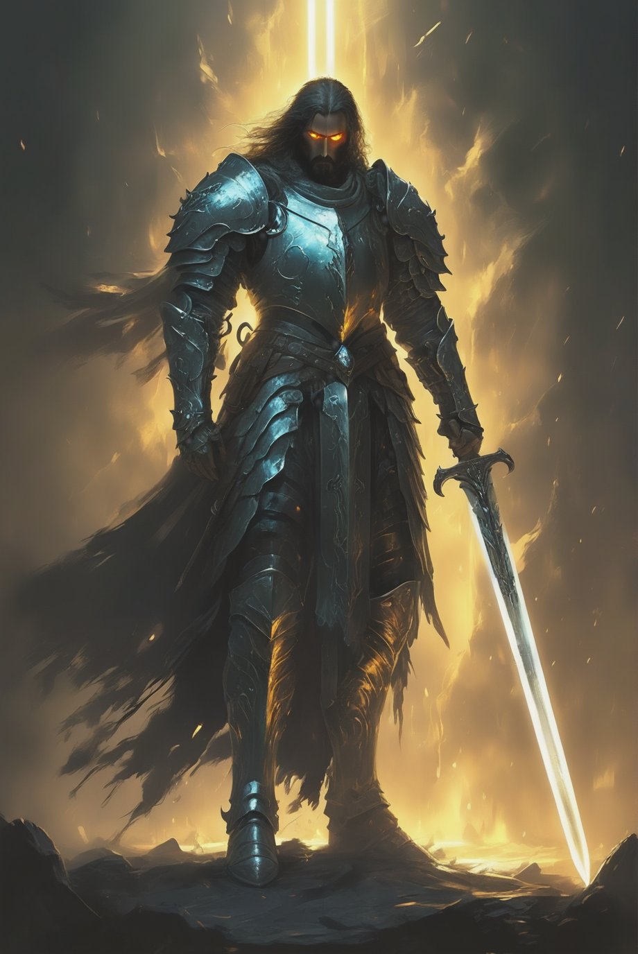 A disheveled knight wearing full plate armor with a beard and ((glowing eyes:1.5)), [A large and long scar(glowing:1.5) on his chest],  He stands forlorn, holding a heavy longsword, staring lifelessly ahead. His eyes emit a dazzling light, 
(full_body:1.2),LegendDarkFantasy