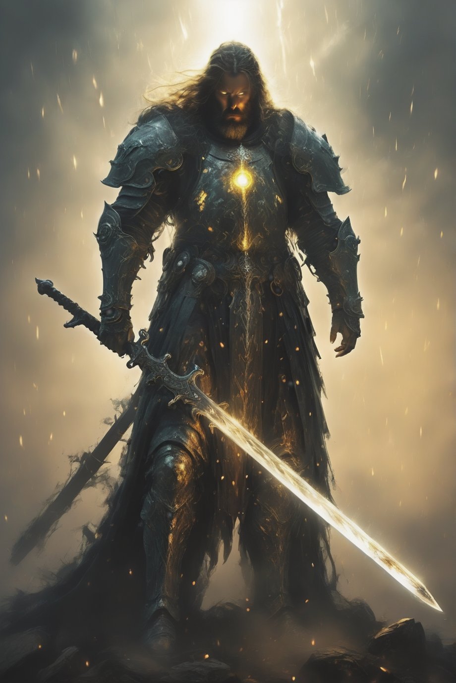 A disheveled knight wearing full plate armor with a large beard and ((glowing eyes)), A large scar on his chest emits a strong light. He stands forlorn, holding a heavy longsword, staring lifelessly ahead. (His eyes emit a dazzling light:1.6), 
(full_body:1.0),LegendDarkFantasy