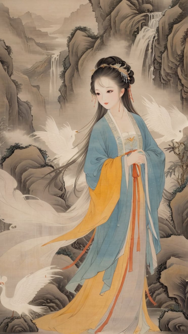 A feminine Tang Dynasty beauty stood atop the grand hall, her Hanfu robe rustling softly under the veil of mist. A symbol of elegance and sophistication, the phoenix crown falls on her combed hair, held in place by delicate hairpins that sparkle in a soft, ethereal light., traditional chinese ink painting