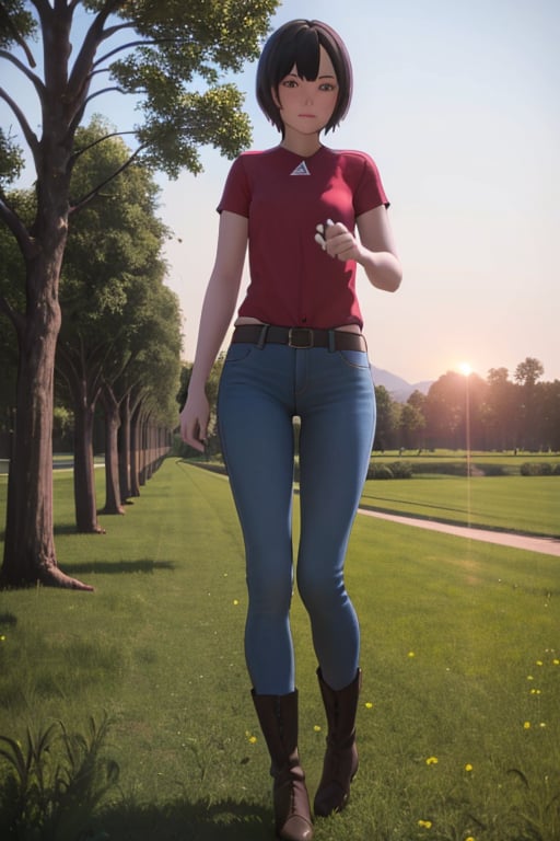 (masterpiece), best quality, 1girl, solo, black hair, short hair, brown eyes, shirt, short sleeve, blue pants, boots, standing, outdoor, grass, trees, sunset, sun, ghost_sac_2045