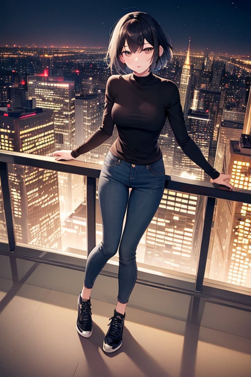 (masterpiece), best quality, 1girl, black hair, short hair, shirt, long sleeve, skinny pants, shoes, standing, from above, nighttime