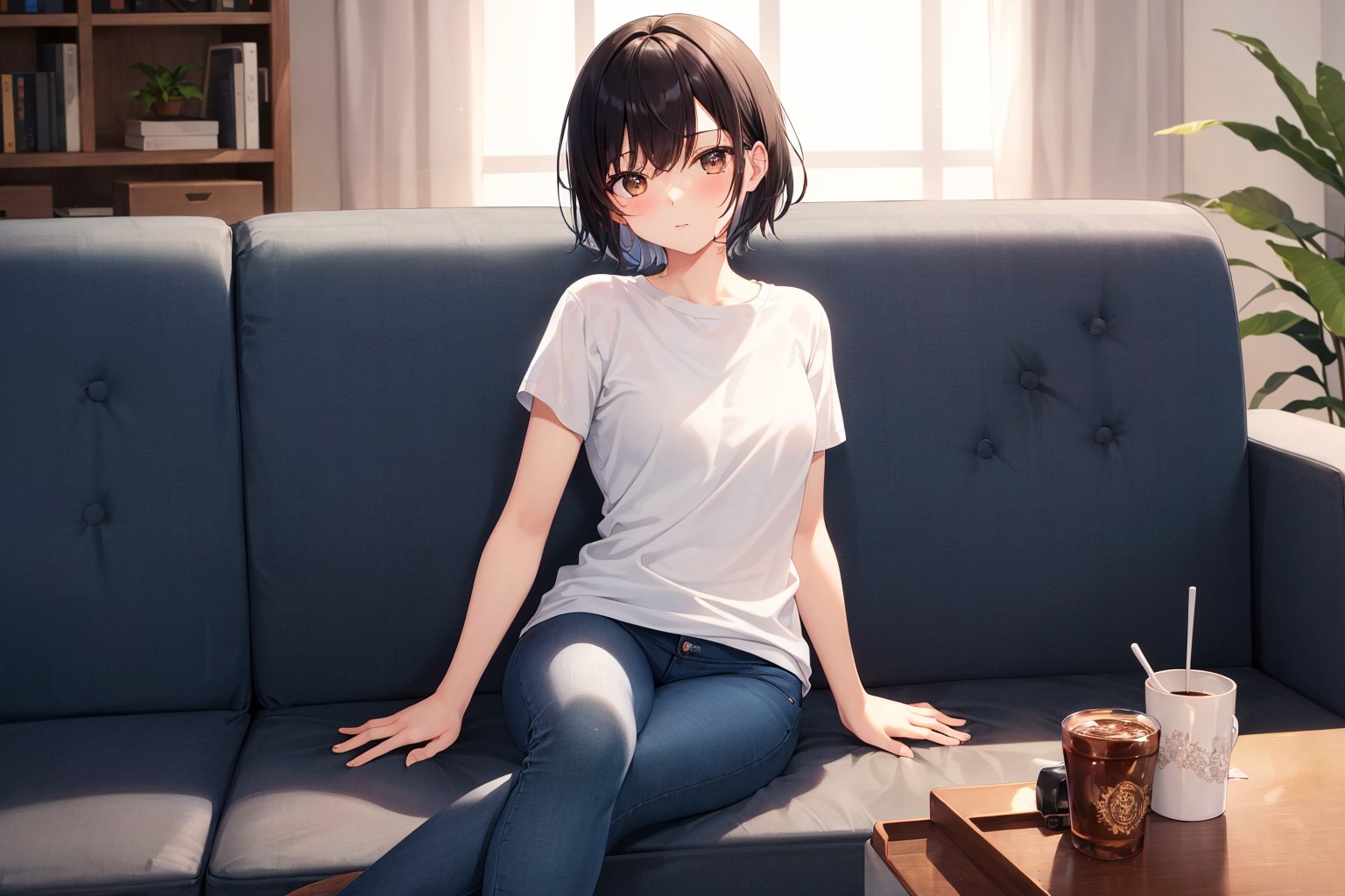 (masterpiece), best quality, 1girl, short hair, blaack hair, brown eyes, shirt, short sleeve, blue pants, skinny pants, sitting on sofa, living room