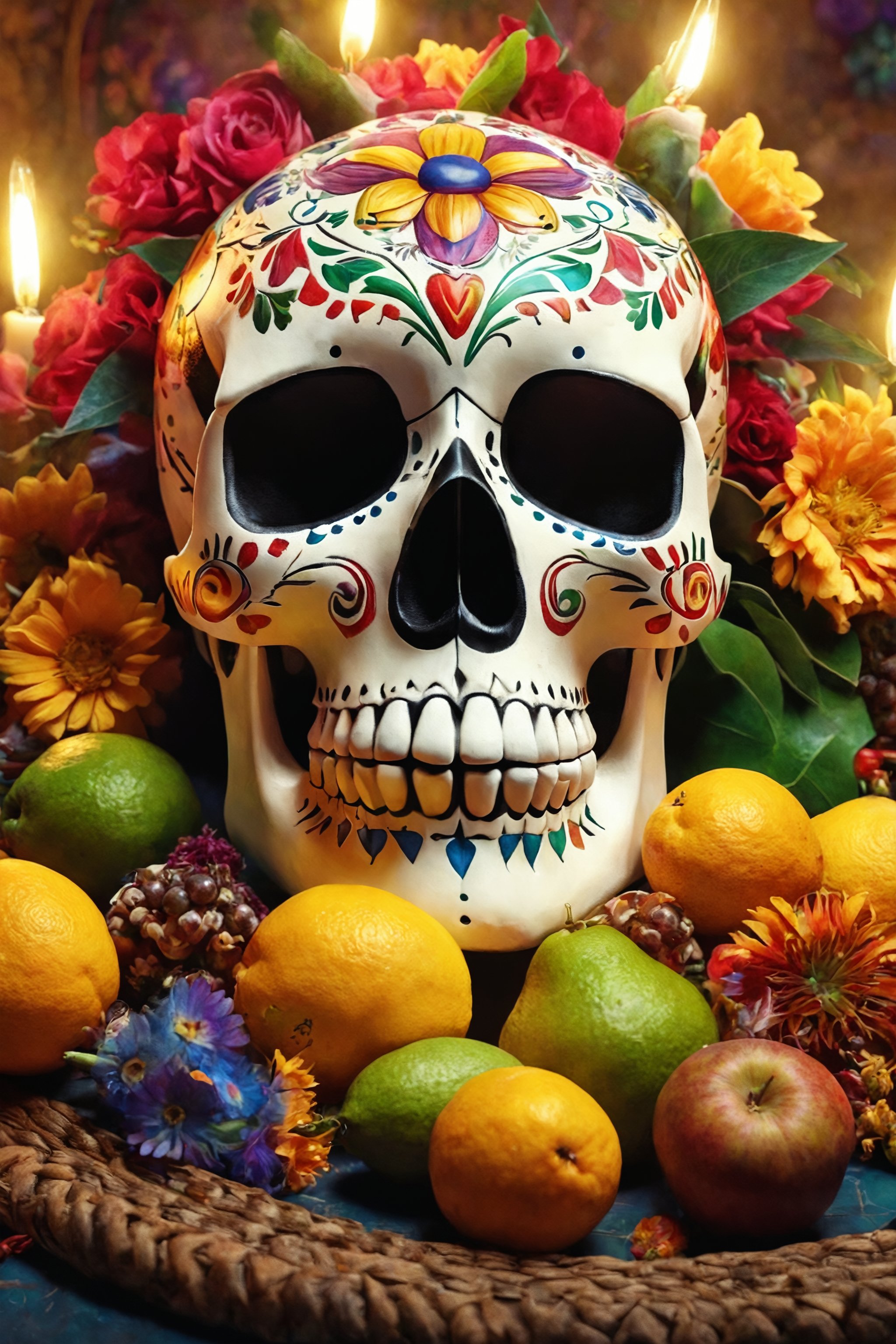 stunning still-life photo render of a Mexican Skull Calavera, surrounded by poetic ornamental elements such as fruits, flowers, garlands of lights and native plants, studio lighting, 8k
