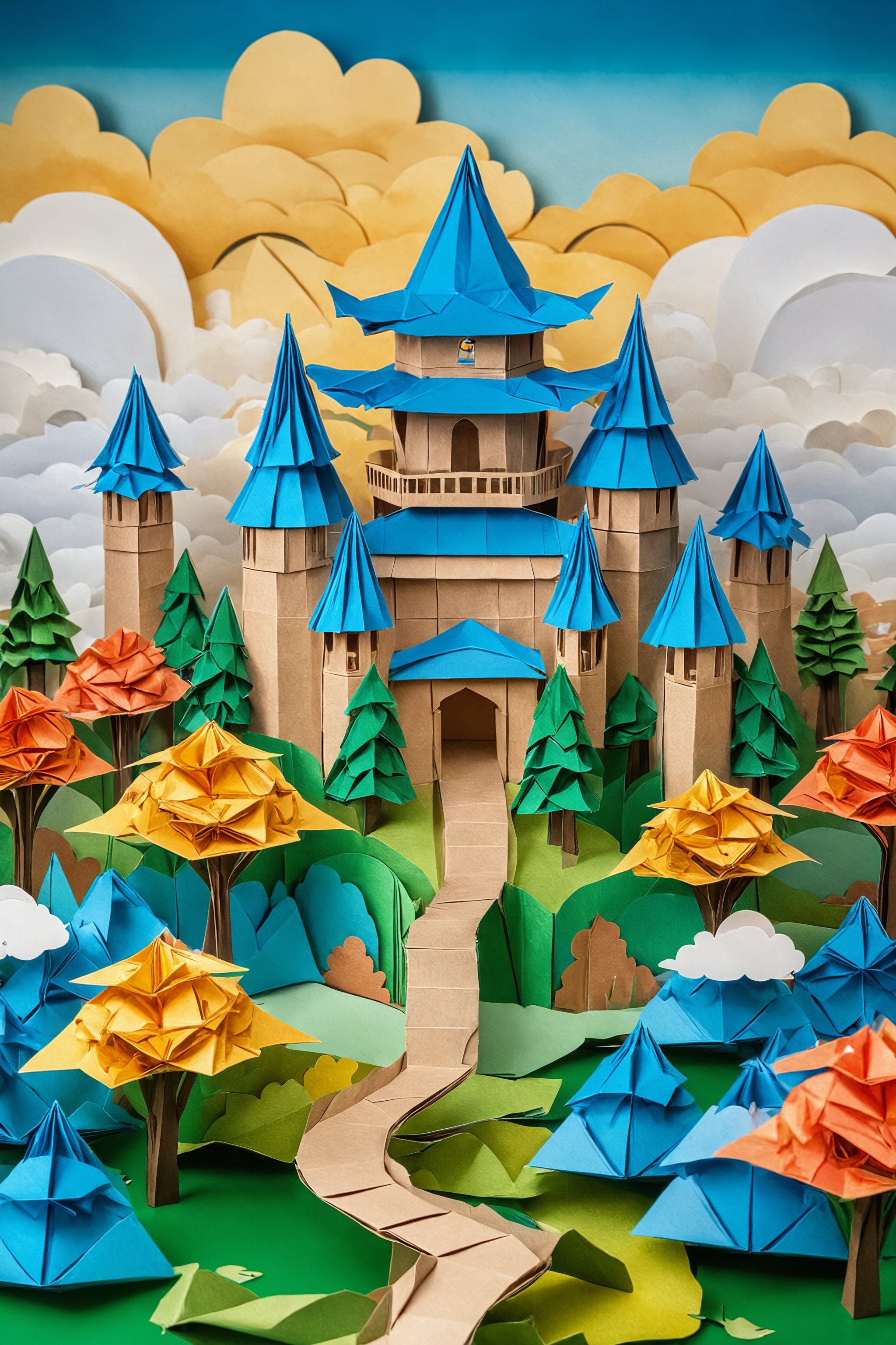 castle made of paper, highly detailed, paper clouds, paper trees, paper landscape, Modular Origami, Ultra-HD, Super-Resolution, origami, paper art, high quality image, masterpiece, hdr, 4k

