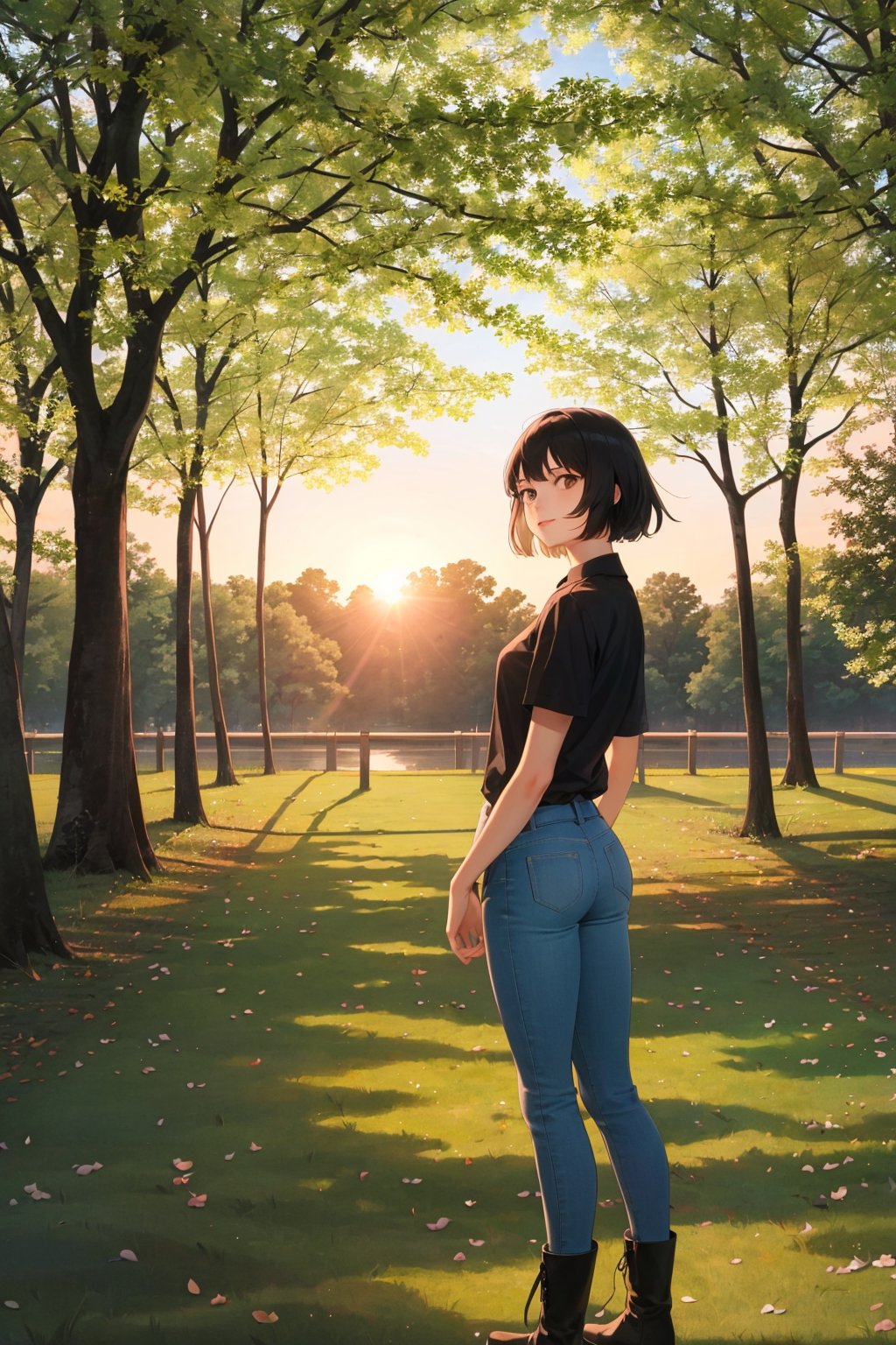 (masterpiece), best quality, 1girl, solo, black hair, short hair, brown eyes, shirt, short sleeve, blue pants, boots, standing, outdoor, grass, trees, sunset, sun