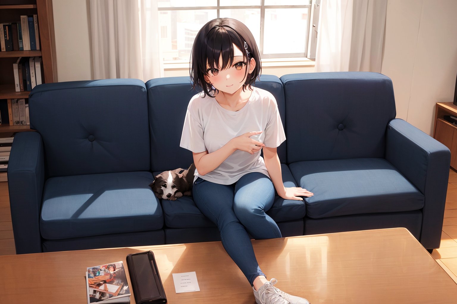 (masterpiece), best quality, 1girl, sitting on couch, short hair, black hair, brown eyes, shirt, short sleeve, blue pants, shoes, living room, long view