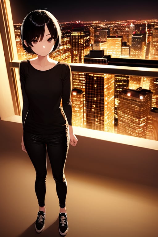 (masterpiece), best quality, 1girl, black hair, short hair, shirt, long sleeve, skinny pants, shoes, standing, bird's eye view , nighttime, night,AGGA_STH003