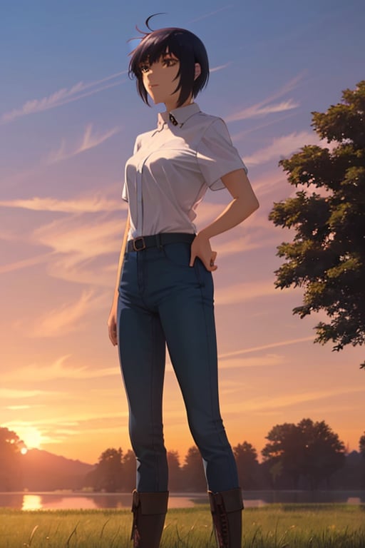 (masterpiece), best quality, 1girl, solo, black hair, short hair, brown eyes, shirt, short sleeve, blue pants, boots, standing, outdoor, grass, trees, sunset