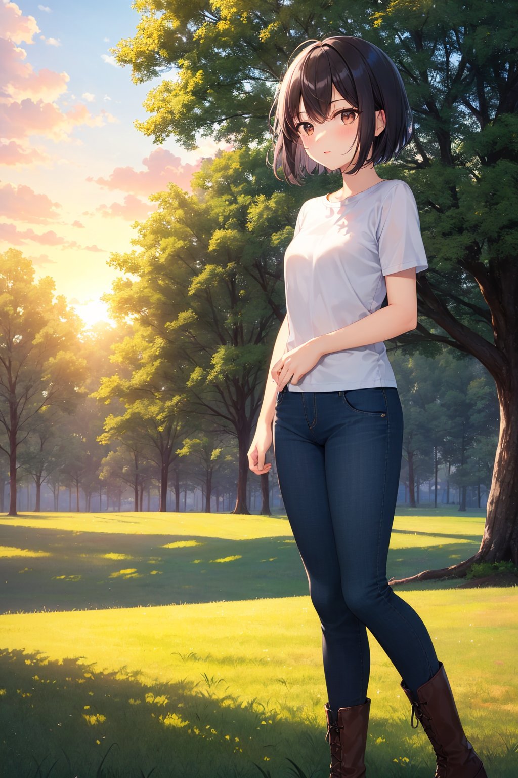 (masterpiece), best quality, 1girl, solo, black hair, short hair, brown eyes, shirt, short sleeve, blue pants, boots, standing, outdoor, grass, trees, sunset, sun