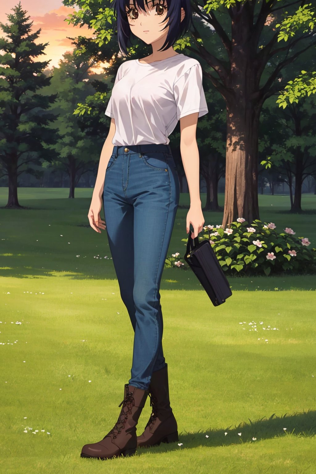 (masterpiece), best quality, 1girl, solo, black hair, short hair, brown eyes, shirt, short sleeve, blue pants, boots, standing, outdoor, grass, trees, sunset