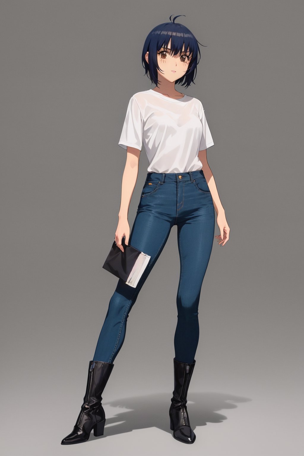 (masterpiece), best quality, 1girl, solo, black hair, short hair, brown eyes, shirt, short sleeve, blue pants, boots, standing, simple background
