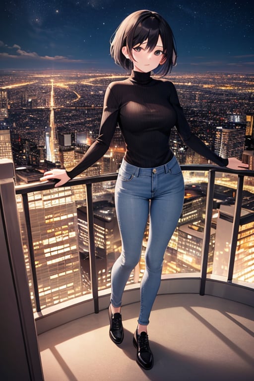 (masterpiece), best quality, 1girl, black hair, short hair, shirt, turtleneck, long sleeve, skinny pants, shoes, standing, from above, city, night sky