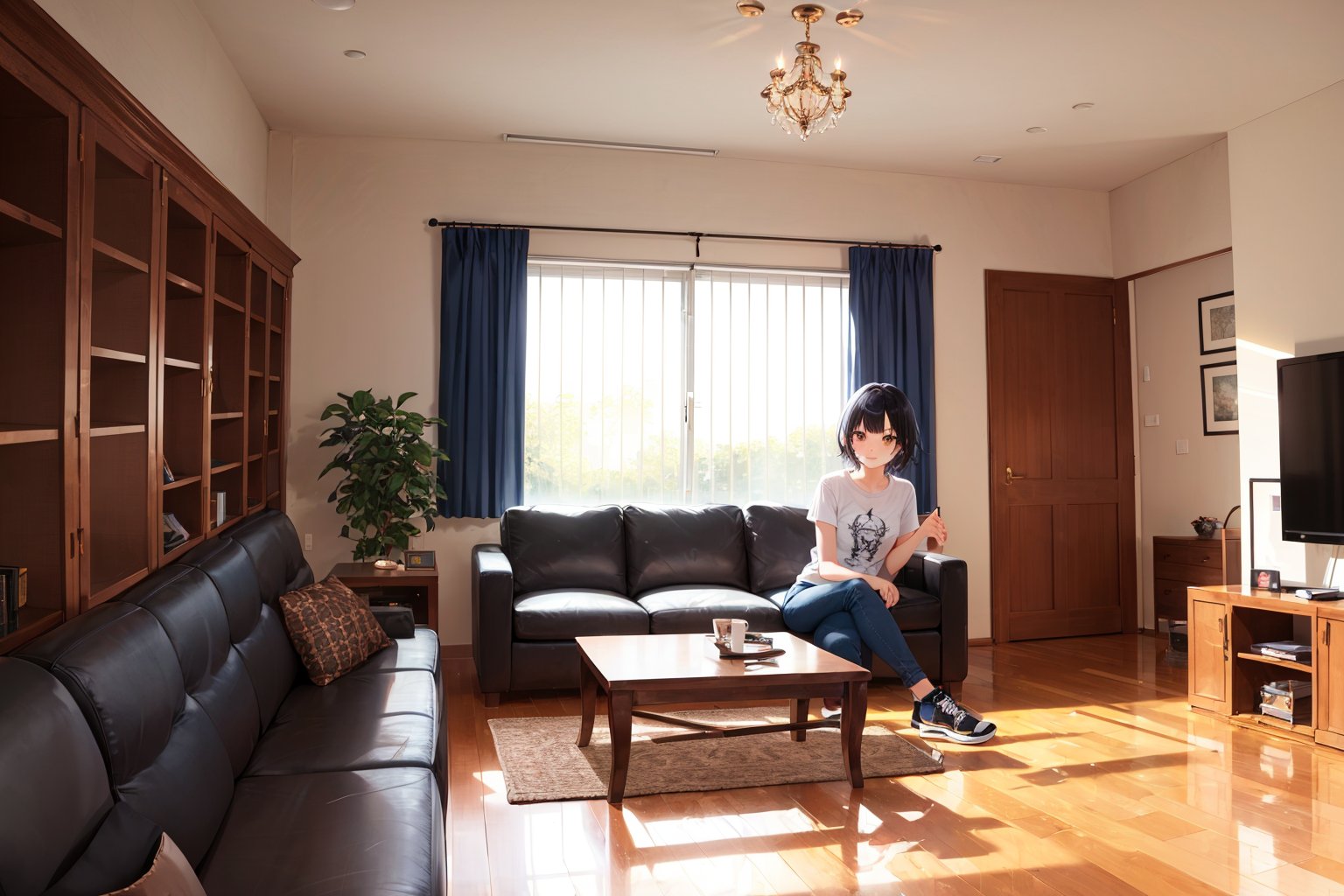 (masterpiece), best quality, [1girl: 5], [short hair: 5], [black hair: 5], [brown eyes: 5], [shirt: 5], [short sleeve: 5], [blue pants: 5], [shoes: 5], [sitting on couch: 5], living room, medium shot