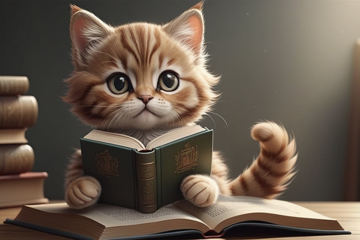 A cute cat holding a book reading it, realistic. 