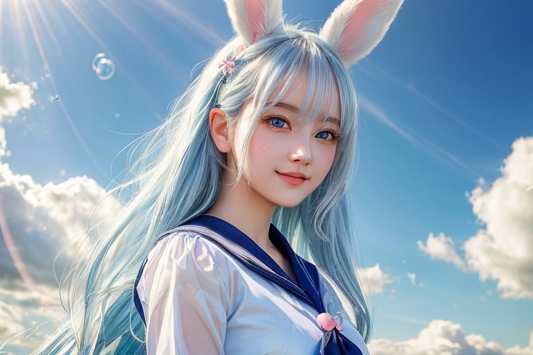 ((masterpiece)), ((best quality)), (ultra-detailed), ((kawaii)), cute, (lovely), beautiful sky, a cute girl, 1girl, solo, sailor suit, beautiful white hair, beautiful light blue eyes, ((beautiful eyes)), long hair, transparent hair, translucent hair, rabbit ears, smile, cloudy, cloud, soap bubble effect, Jirai Kei