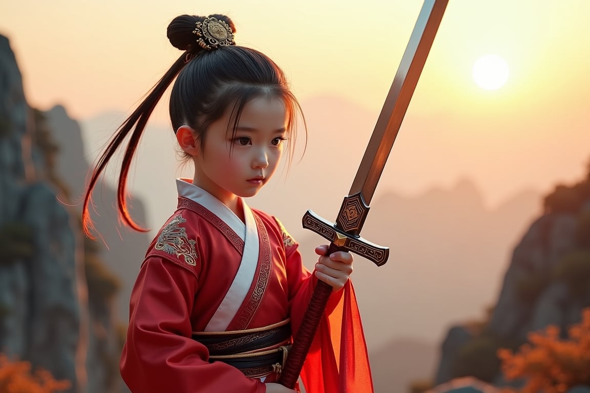 A cute loli girl in traditional Wudang attire. She stands tall, grasping the hilt of a gleaming sword as if ready to unleash its fury at any moment. The soft light of dawn casts a warm glow on her features, her eyes fixed intently on some distant point. The rugged terrain of Wudang Mountains provides a dramatic backdrop for this powerful scene.


High quality 