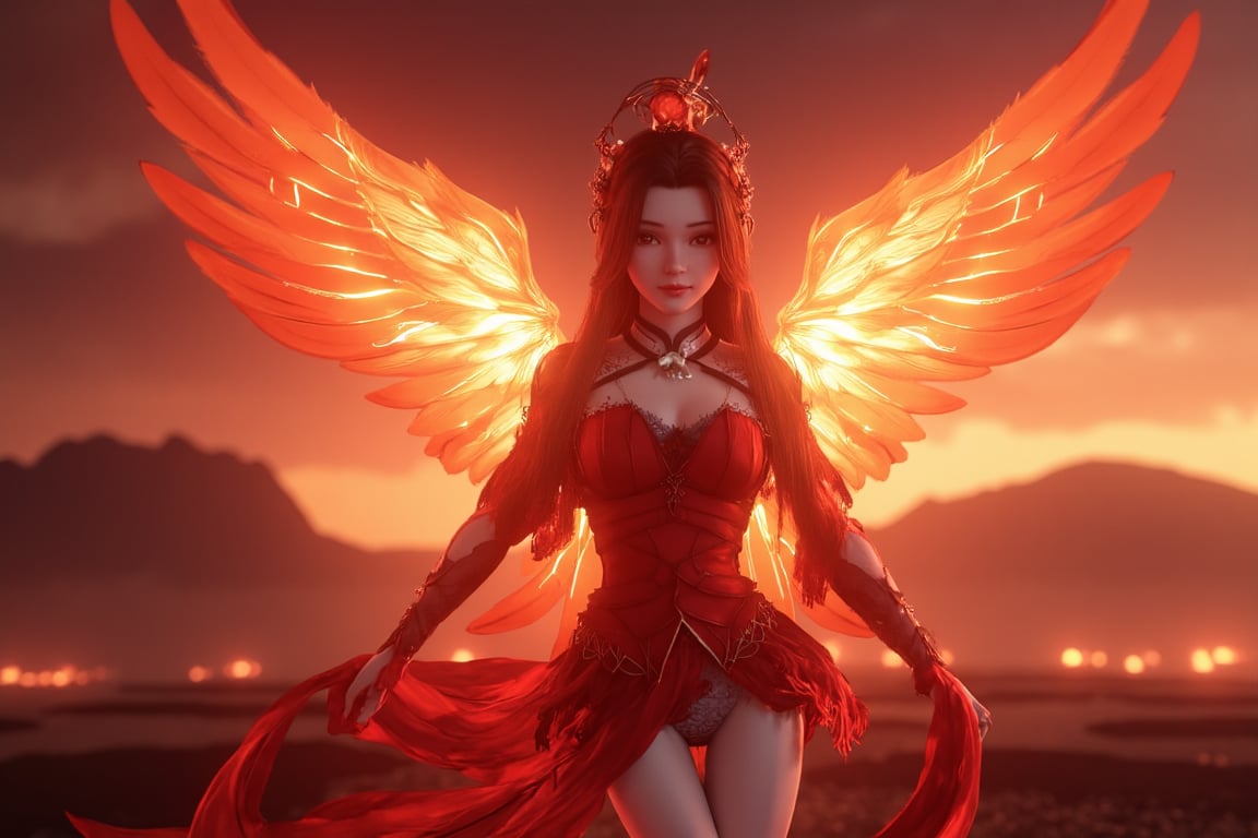 Ultra-high resolution, realistic, wide-angle perspective, 1 phoenix girl, (feathered wings:1.1), glowing wings, tail feathers, super long hair, smile, (parted lips:0.9), cute, gorgeous, 
feather trim, mini short dress, 
hand on own chest, 
(dancing flames:1.1), sparks, (flame feathers:1.1), (red mountain:0.9), scorching hot land, (red sky:0.9), updraft, 
sharp focus, looking at viewer, 
(intricate:1.1), (red tone:1.1), (orange tone:0.8), (red atmosphere:1.1), 
llustration, (anime coloring:1.1), high contrast, 
BREAK (masterpiece:1.2), (best quality:1.2), (very aesthetic:1.2), (absurdres:1.2), (detailed background), newest, ai-generated, (intricate details:1.2),