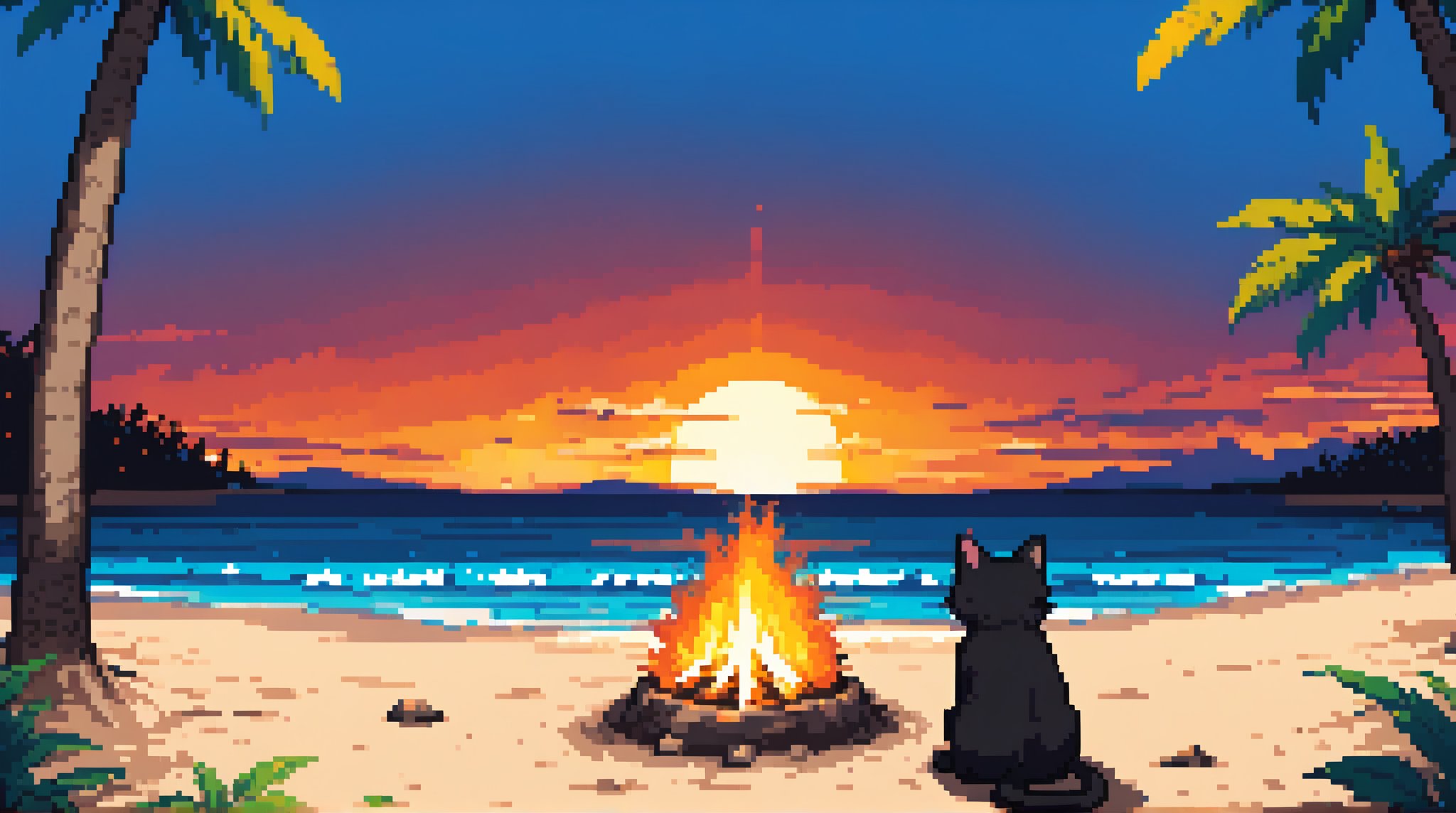 a black kitty facing backward enjoy the  afternoon sunset at the beach wth campfire landscape