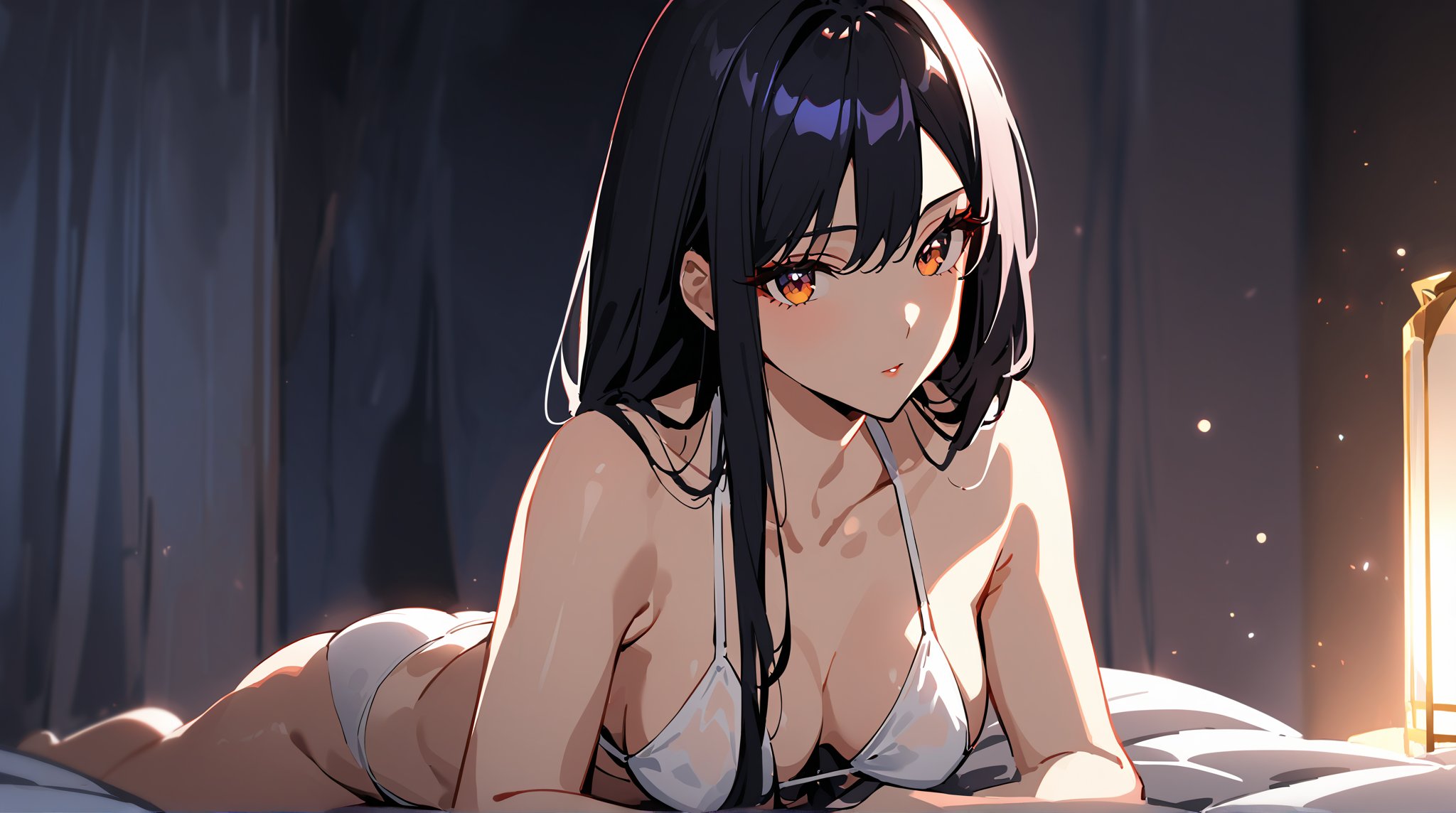 A sultry evening scene: a teenage woman sprawls effortlessly across her plush bed, Champagne flute cradled in her hand as she strikes a provocative pose within the confines of her intimate, dimly lit gaming room. Her raven-black tresses cascade down her porcelain skin like a waterfall of night. A revealing white bikini showcases her toned physique, while her sultry gaze invites the viewer to surrender to her allure. The camera captures her entire figure in a single, tantalizing frame.