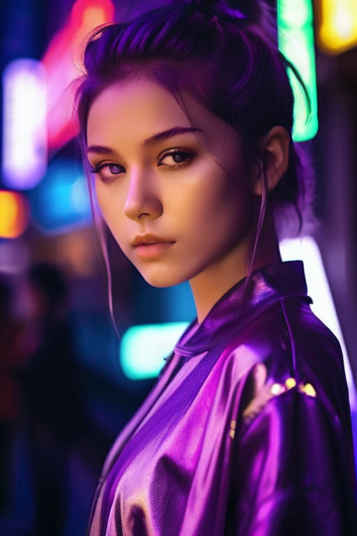 a girl in a purple top in a neon city, in the style of chinapunk, iconic album covers, soft-focus portraits, luke fildes, light amber and silver, exotic, captivating lighting --ar 1:2 --stylize 750 --v 6